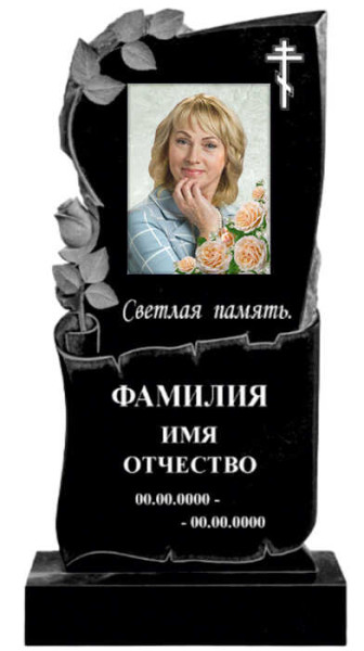 Резной памятник с пергаментом и букетом роз из гранита