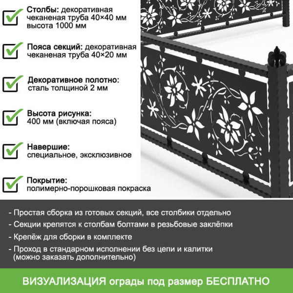 Ритуальная ограда с изображением полевых цветов с лазерной резкой металла ОРЛ-22