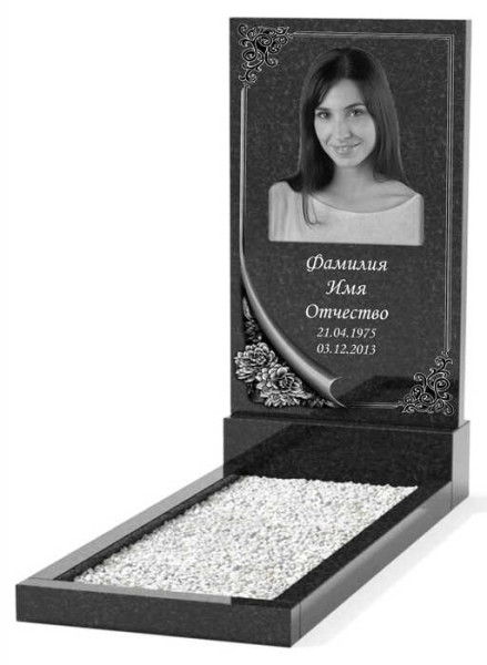Гранитный памятник с изображением пионы и рамка с виньеткой