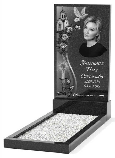Гранитный памятник с изображением храм с голубем и свечой