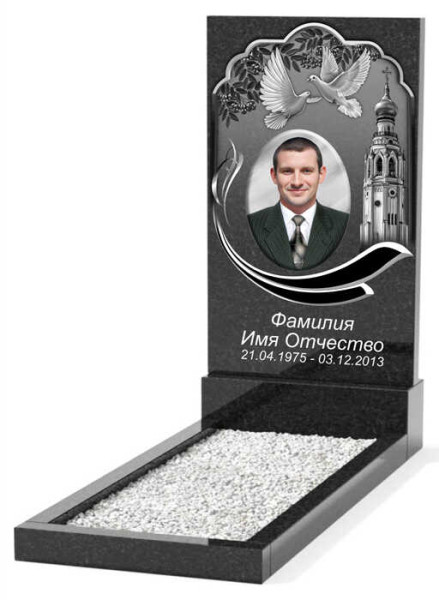 Памятник с гравировкой голуби и храм с веткой рябины