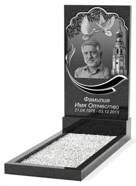Гранитный памятник с изображением голуби и храм с веткой рябины