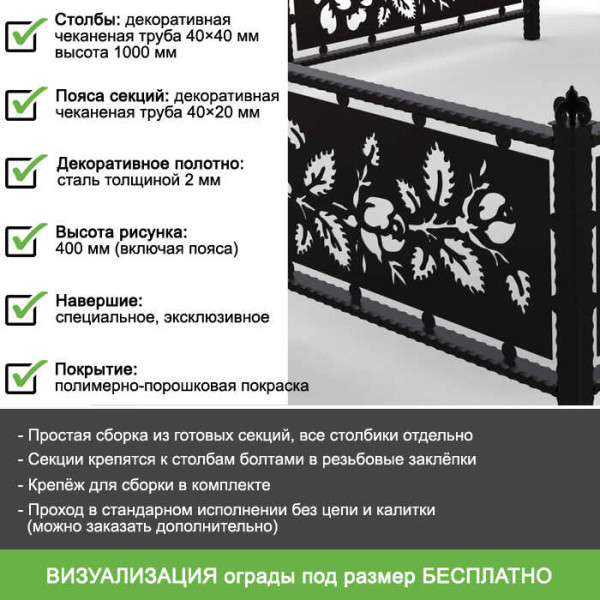 Ритуальная ограда с цветочным орнаментом "Садовые розы" с лазерной резкой металла ОРЛ-52
