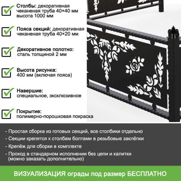 Ритуальная ограда с цветочным декором "Розы веры" с лазерной резкой металла ОРЛ-56