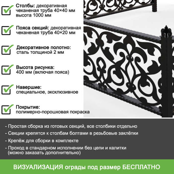 Ритуальная ограда классический орнамент "Арабеска" с лазерной резкой металла ОРЛ-63