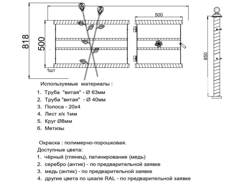 Ритуальная кованая оградка на могилу с розами эскиз