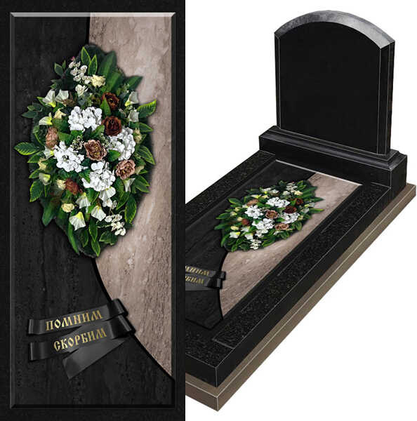 Керамические вкладка в цветник на могилу "Венок из белых и коричневых цветов с зелеными листьями"